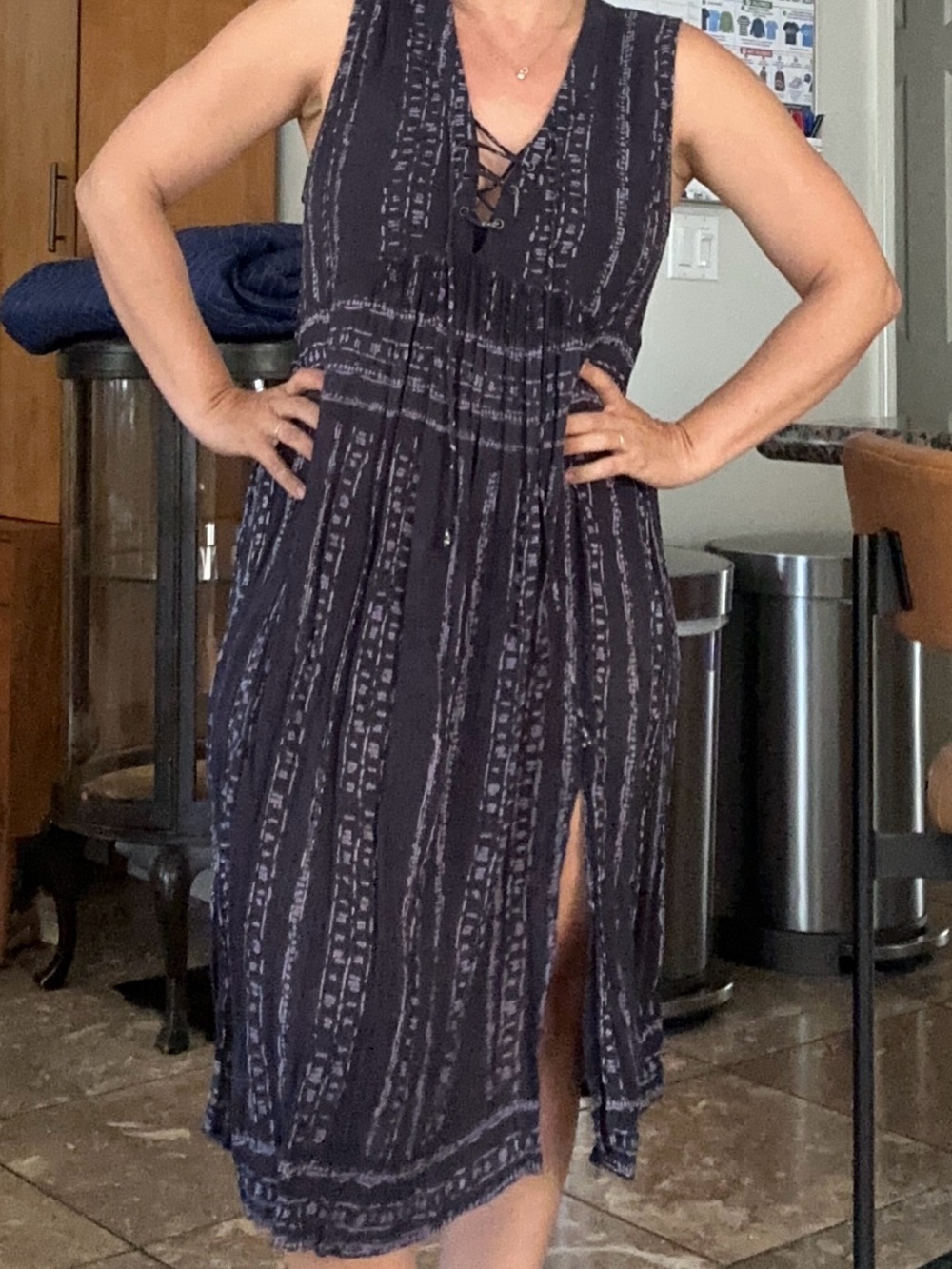 Sleeveless Navy Shibori Patterned Lace-Up Midi Dress